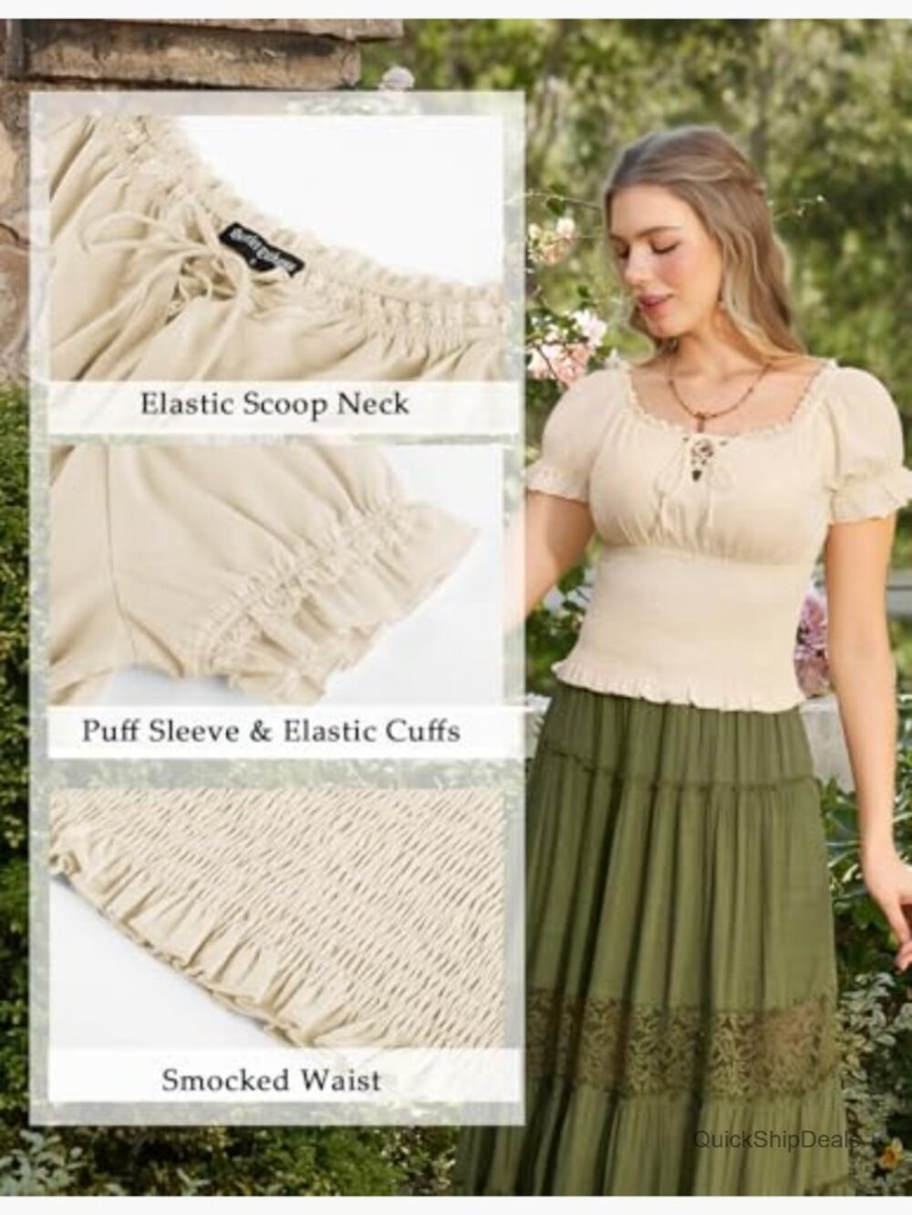 Peasant Blouse Off Shoulder Puff Sleeve Smocked Waist Cotton Blend Summer Top - Picture 6 of 7